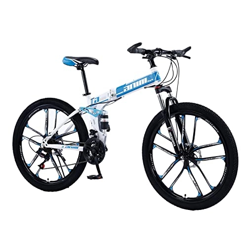 Folding Mountain Bike : Adults Folding Mountain Bike Full Suspension High-Carbon Steel MTB Bicycle，Mechanical Dual Disc Brake，21 / 24 / 27 / 30 Speed Optional，10-Spoke 26 Inch Wheels，Multiple Col White blue-30