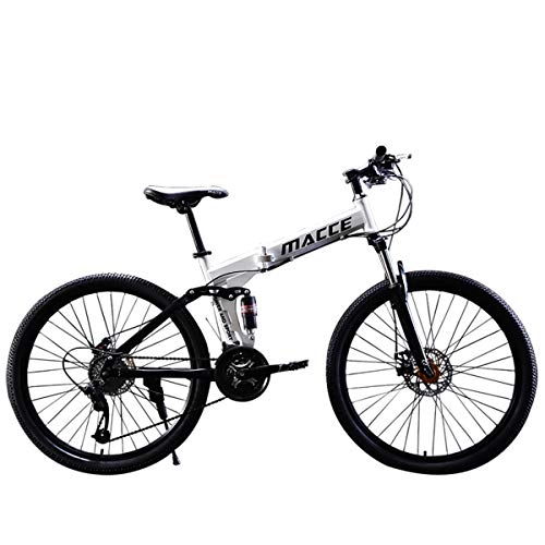 Folding Mountain Bike : Adults Mountain Bike 21 / 24 / 27 Speeds Off-road Double Shock Absorption Bicycle 24 / 26 Inch High Carbon Soft Tail Folding Bicycle with Dual Disc Brakes, White, C 24 Inch 24S