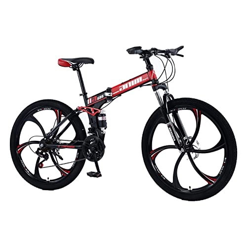 Folding Mountain Bike : Adults Mountain Bike Full Suspension High-Carbon Steel Foldable MTB Bicycle， Mechanical Dual Disc Brake Non-Slip，21 / 24 / 27 / 30 Speed，26 Inch Wheels 6-Spoke，Multiple Co black red-27