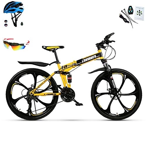 Folding Mountain Bike : AI-QX 26" Folding Mountain Bike 30 Speed Full Suspension Bicycle Dual Disc Brake MTB, Yellow