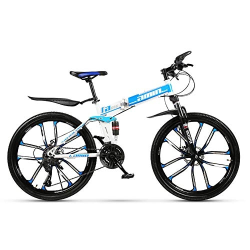 Folding Mountain Bike : AI-QX Full Suspension Mountain Bike 21 Speed Bicycle 26 inches Boy / Girl MTB Disc Brakes Bicycle Folding Bike, Blue, 10Knife