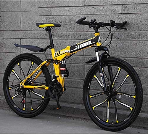 Folding Mountain Bike : Allamp Mountain Bike Folding Bikes, 26" 30Speed Double Disc Brake Full Suspension AntiSlip, Lightweight Aluminum Frame, Suspension Fork (Color : Yellow, Size : A)
