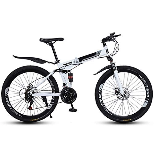 Folding Mountain Bike : Allamp Outdoor sports Folding Mountain Bike 21 Speed Mountain Bike 26 Inches Dual Suspension Bicycle And Double Disc Brake (Color : White)