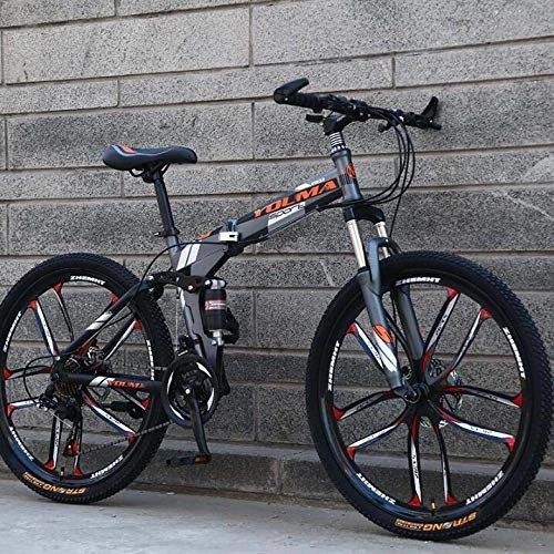 Folding Mountain Bike : ALQN 26 inch Mountain Bike Folding for Men and Women, Dual Full Suspension Bicycle High Carbon Steel Frame, Steel Disc Brake, Aluminum Alloy Wheel, Grey, 27 Speed