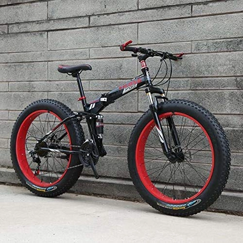 Folding Mountain Bike : ALQN Fat Tire Bike for for Men Women, Folding Mountain Bike Bicycle, High Carbon Steel Frame, Dual Suspension Frame, Dual Disc Brake, A, 24 inch 24 Speed