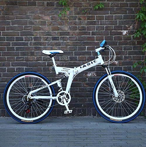 Folding Mountain Bike : ALQN Folding Mountain Bike for Adult, High Carbon Steel Dual Suspension Frame Mountain Bicycle, Aluminum Alloy Wheels and Aluminum Pedals, White, 24inch24 Speed
