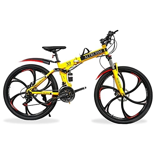 Folding Mountain Bike : ALTRUISM Mountain Bike Folding Bicycle 26 Inch Disc Brake Shimano 21 Speed Transmission Full Suspension 6-Spokes-Wheel MTB For Women & Men(Yellow)