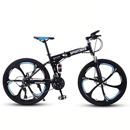 Folding Mountain Bike : AMAIRS Folding Mountain Bike, 27-Speed Full Suspension Lockable Mountain Bike for Adult and Teenager 26in Dual Disc Brakes Suitable for Urban Commuting Outdoor Activities, Black, Six Knife Wheels