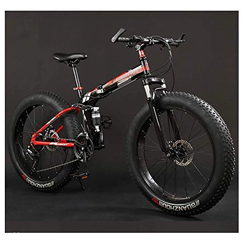 Folding Mountain Bike : AMITD Adult Mountain Bikes, Foldable Frame Fat Tire Dual-Suspension Mountain Bicycle, High-carbon Steel Frame, All Terrain Mountain Bike, 24" Red, 7 Speed