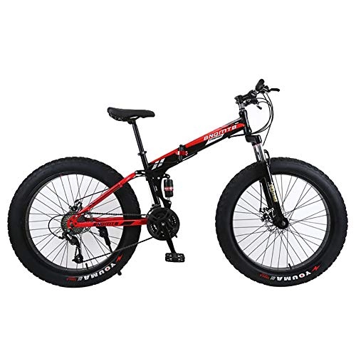 Folding Mountain Bike : ANJING 24 / 26 Inch 24 Speed 4.0 Fat Tire Mountain Bike Snow and Grass Sand Bicycle with Double Disc Brakes, BlackRed, 26Inch