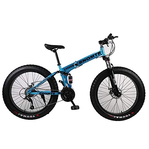 Folding Mountain Bike : ANJING 26 Inch Mountain Bike with Dual Suspension, 24 Speed Fat Tire Bicycle with Front and Rear Double Disc Brakes, Blue, 24Inch