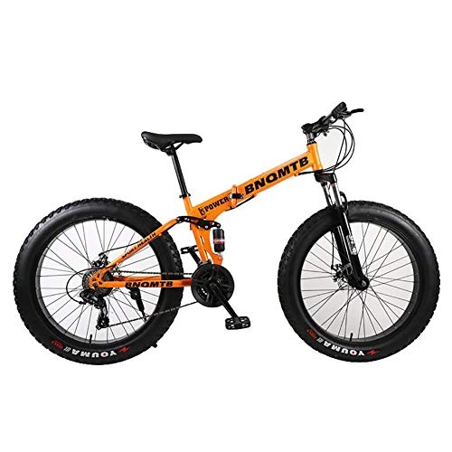 Folding Mountain Bike : ANJING 26 Inch Mountain Bike with Dual Suspension, 24 Speed Fat Tire Bicycle with Front and Rear Double Disc Brakes, Orange, 24Inch