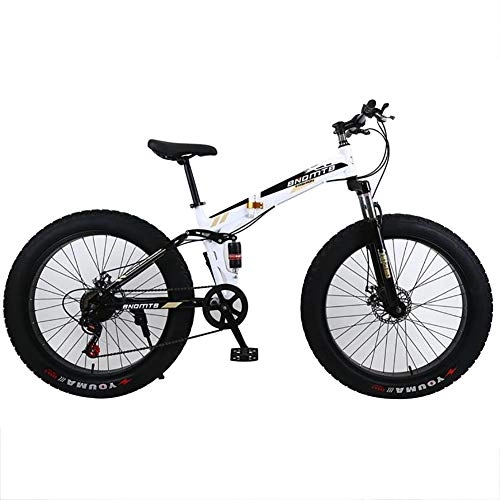 Folding Mountain Bike : ANJING Folding Mountain Bike, 24in Fat Tires Snowmobile Bicycle with Double Disc Brake and Fork Rear Suspension, White Black, 24 Speed