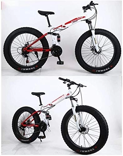 Folding Mountain Bike : Aoyo Mountain Bikes, Folding, Bicycles, Beach, 26 Inch 24 Speed Gears, Mountain Trail Bicycle, All-Terrain, High Carbon Steel, Fat Tire, Bike, Double Disc Brake, Dual Suspension Frame, (Color : White and red)