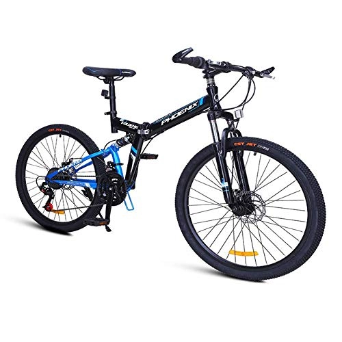 Folding Mountain Bike : AZYQ 24-Speed Mountain Bikes, Folding High-Carbon Steel Frame Mountain Trail Bike, Dual Suspension Kids Adult Mens Mountain Bicycle, Blue, 26Inch, Blue, 24Inch