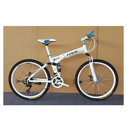 Folding Mountain Bike : BANANAJOY Outdoor sports 24Speed Folding Mountain Bike, 26Inch High Carbon Steel Frame, Dual Suspension Dual Disc Brake Bicycle, OffRoad Tires (Color : White)