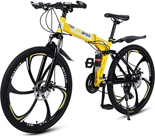 Folding Mountain Bike : BHDYHM Unisex Folding Bike, Freewheel Derailleur Gears, Foldable Mountain Bike Men, Full Suspension, Ladies Bike, Yellow-24 Speed