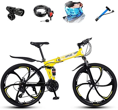 Folding Mountain Bike : Bicycle Adult Mountain Bike, 26 inch Wheels, Trail Bike High Carbon Steel Folding Outroad Bicycles, 27-Speed Full Suspension Gears Dual Disc Brakes, Yellow