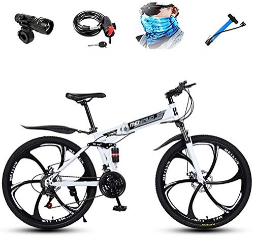 Folding Mountain Bike : Bicycle Adult Mountain Bike, 26 inch Wheels, Trail Bike High Carbon Steel Folding Outroad Bicycles, 27-Speed Full Suspension MTB ​​Gears Dual, White