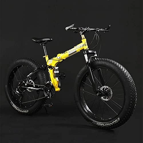 Folding Mountain Bike : Bicycle, Adult Mountain Bikes, Foldable Frame Fat Tire Dual-Suspension Mountain Bicycle, High-carbon Steel Frame, All Terrain Mountain Bike, 20" Yellow, 27 Speed