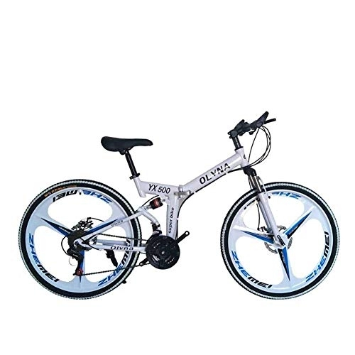 Folding Mountain Bike : Bicycle Mountain Bike 21 / 24 / 27 / 30 Speed Steel Frame 26 Inches 3-Spoke Wheels Dual Suspension Folding Bike, White, 24speed