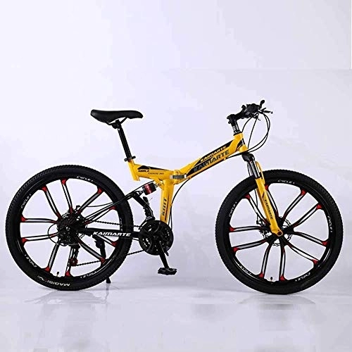 Folding Mountain Bike : Bicycle Mountain Bike, 21 Speed Dual Suspension Folding Bike, with 26 Inch 10-Spoke Wheels and Double Disc Brake, for Men and Woman, Yellow, 24speed