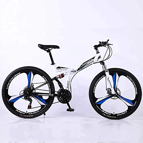 Folding Mountain Bike : Bicycle Mountain Bike, 21 Speed Dual Suspension Folding Bike, with 26 Inch 3-Spoke Wheels and Double Disc Brake, for Men and Woman, White, 27speed