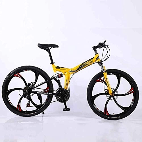 Folding Mountain Bike : Bicycle Mountain Bike, 24 Speed Dual Suspension Folding Bike, with 24 Inch 6-Spoke Wheels and Double Disc Brake, for Men and Woman, Yellow, 27speed