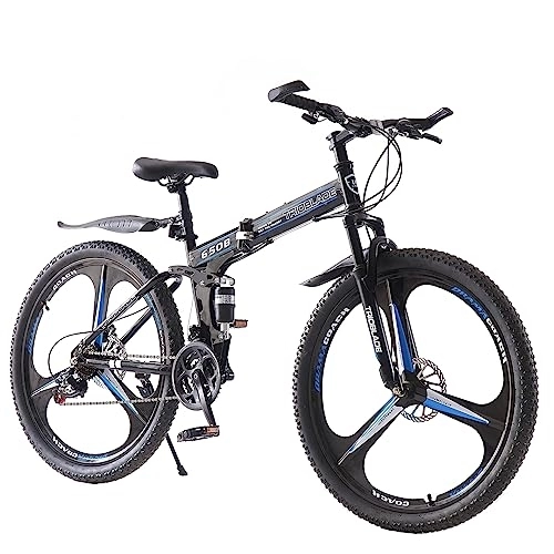 Folding Mountain Bike : BSTSEL 27.5Inch Adult Folding Mountain Bike, Dual Suspension Mountain Bikes with 27.5 Inches 3-Spoke Wheel, Shimano 21 Speed Mens and Womens Foldable Mountain Bicycle (Black& Blue)