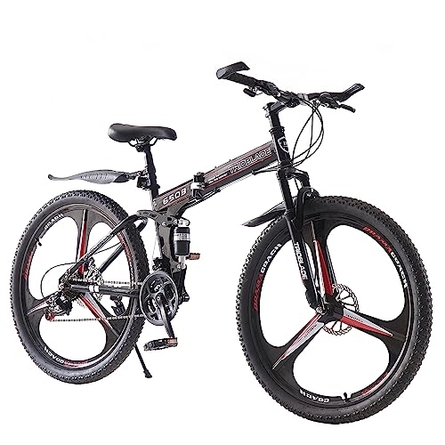 Folding Mountain Bike : BSTSEL 27.5Inch Adult Folding Mountain Bike, Dual Suspension Mountain Bikes with 27.5 Inches 3-Spoke Wheel, Shimano 21 Speed Mens and Womens Foldable Mountain Bicycle (Black & Red)