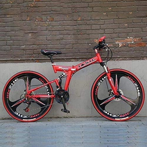 Folding Mountain Bike : Commuter City Road Bike Folding Mountain Bike for Adult Men And Women, High Carbon Steel Dual Suspension Frame Mountain Bicycle, Magnesium Alloy Wheels Unisex ( Color : Red , Size : 24inch27 speed )