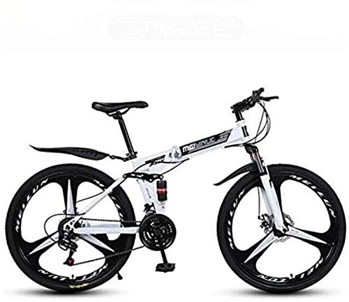 Folding Mountain Bike : Commuter City Road Bike Mountain Bike for Adults, Folding Bicycle High Carbon Steel Frame, Full Suspension MTB Bikes, Double Disc Brake, PVC Pedals Unisex ( Color : White , Size : 26 inch 24 speed )