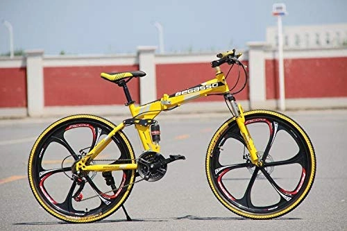 Folding Mountain Bike : Convenient Foldable Ultra-Lightweight Mountain Bike 4-Variable Speeds Dual Brake Folding Bicycle For Student Man And Women Adult Bike (Color : Yellow 6 blade, Size : 30)