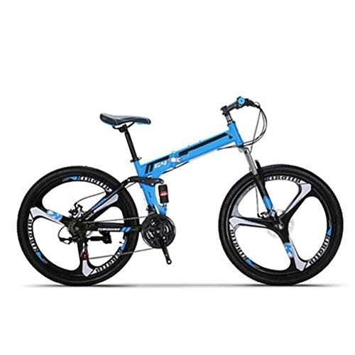Folding Mountain Bike : COUYY Bicycle G4 21-speed mountain bike, steel frame 26-inch 3-spoke wheel group double shock folding bike, Blue
