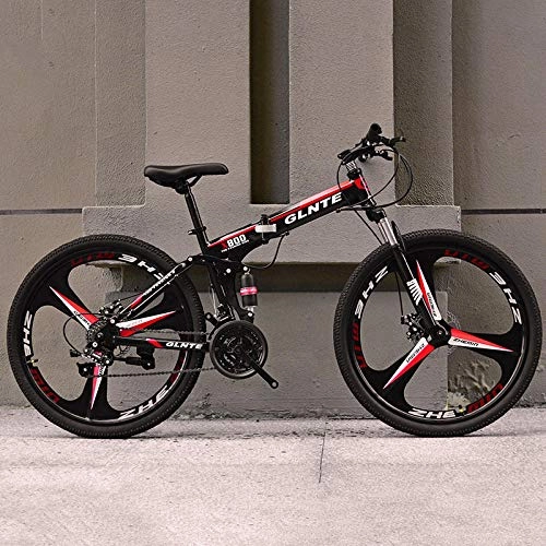 Folding Mountain Bike : DASLING Mountain Folding Bicycle Male And Female Student Adult 26"@Black Red Three Knife, 27 Speed