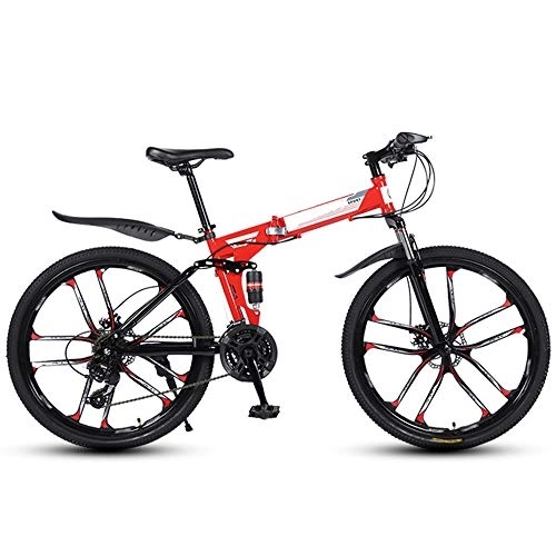 Folding Mountain Bike : DEAR-JY 26 Inch Folding Mountain Bikes, 10 Cutter Wheels High Carbon Steel Frame Variable Speed Double Shock Absorption, All Terrain Adult Quick Foldable Bicycle, Men Women General Purpose, Red, 27 Speed