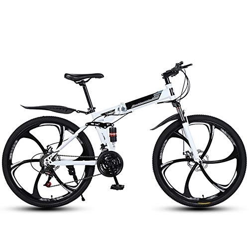 Folding Mountain Bike : DEAR-JY 26 Inch Folding Mountain Bikes, 6 Cutter Wheels High Carbon Steel Frame Variable Speed Double Shock Absorption, All Terrain Adult Quick Foldable Bicycle, Men Women General Purpose, White, 21 Speed