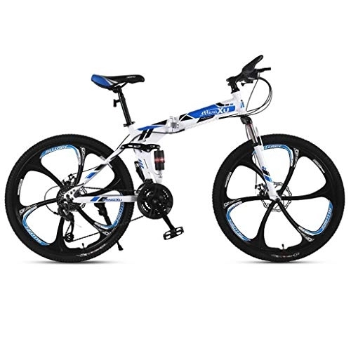 Folding Mountain Bike : Dsrgwe 26inch Mountain Bike, Folding Hardtail Bicycles, Full Suspension and Dual Disc Brake, Carbon Steel Frame (Color : Blue, Size : 21-speed)