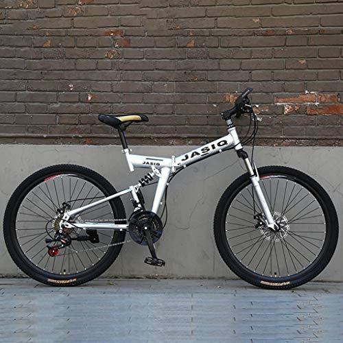Folding Mountain Bike : Dsrgwe 26inch Mountain Bike, Folding Hardtail Bike, Carbon Steel Frame, Full Suspension and Dual Disc Brake, 21 Speed (Color : Silver)
