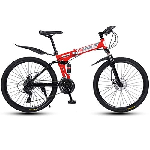 Folding Mountain Bike : Dsrgwe Folding Mountain Bike, Full Suspension Bicycles, Carbon Steel Frame, Dual Disc Brake, 26inch Spoke Wheels (Color : Red, Size : 21-speed)