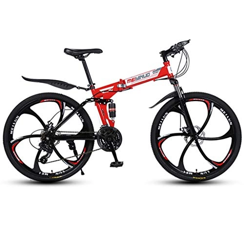 Folding Mountain Bike : Dsrgwe Mountain Bike, Folding Bicycles, Steel Frame, Dual Suspension and Dual Disc Brake, MTB Bike, 26inch Wheels (Color : Red, Size : 24-speed)