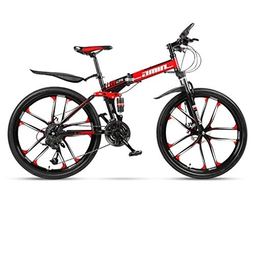 Folding Mountain Bike : Dsrgwe Mountain Bike, Folding Carbon Steel Frame Hardtail Bike, Full Suspension and Dual Disc Brake, 26inch Wheels (Color : Red, Size : 27 Speed)
