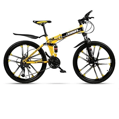 Folding Mountain Bike : Dsrgwe Mountain Bike, Folding Carbon Steel Frame Hardtail Bike, Full Suspension and Dual Disc Brake, 26inch Wheels (Color : Yellow, Size : 24 Speed)
