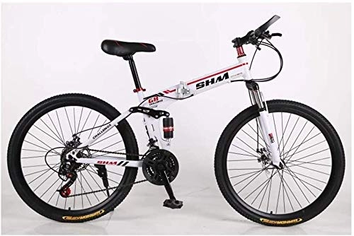 Folding Mountain Bike : Dual Suspension / Disc Brakes 21 Speed Mountain Bike High Carbon Steel Folding Frame White / Red 26 Inch