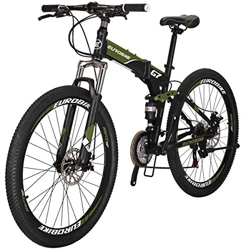 Folding Mountain Bike : Dual Suspension Mountain Bikes, G7 MTB 21 Speed Bike, 27.5 Inches Bicycle, Spoke Wheels Folding Bike (GREEN)