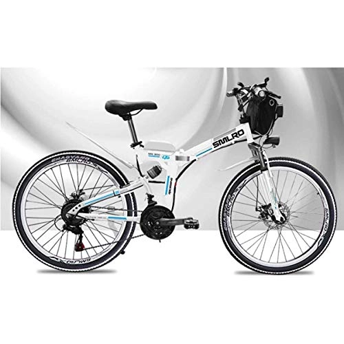 Folding Mountain Bike : Electric Mountain Bike 48V Children's Bicycles 26 Inch Folding E-bike with 4.0" Fat Tyres Spoke Wheels Premium Full Suspension, White