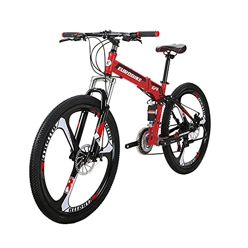 Folding Mountain Bike : Eurobike 17inch Adult Folding Bike Steel Frame Mountain Bikes Full Suspension Foldable Bicycle (Red)
