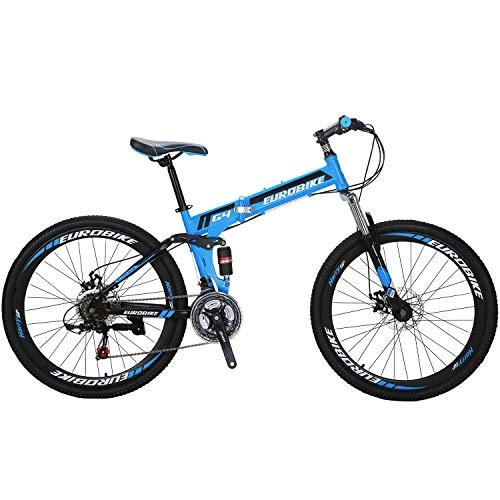 Folding Mountain Bike : Eurobike 26" Full Suspension Mountain Bike 21 Speed Folding Bicycle Men or Women MTB (Blue)