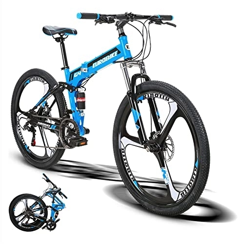 Folding Mountain Bike : Eurobike 26 Inch Adult Folding Mountain Bike, Dual Disc Brake Folding Bikes for Adults Men and Women, 21 Speed Full Suspension Foldable Mountain Bicycle (Blue 3- Spoke)