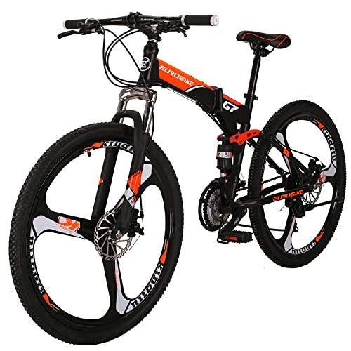 Folding Mountain Bike : Eurobike 27.5” Mountain Bike, 21 Speed Hardtail Mountain Bike, 27.5 inch Full Suspension Bike, Mountain Bicycle with Disc Brake for Men or Women, Adults MTB Bikes (G7 Foldable-Orange-3 Spoke)